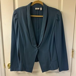 LOGO Blue Size L Ponte Knit Puff Shoulder One Snap Hi Low Hem Jacket